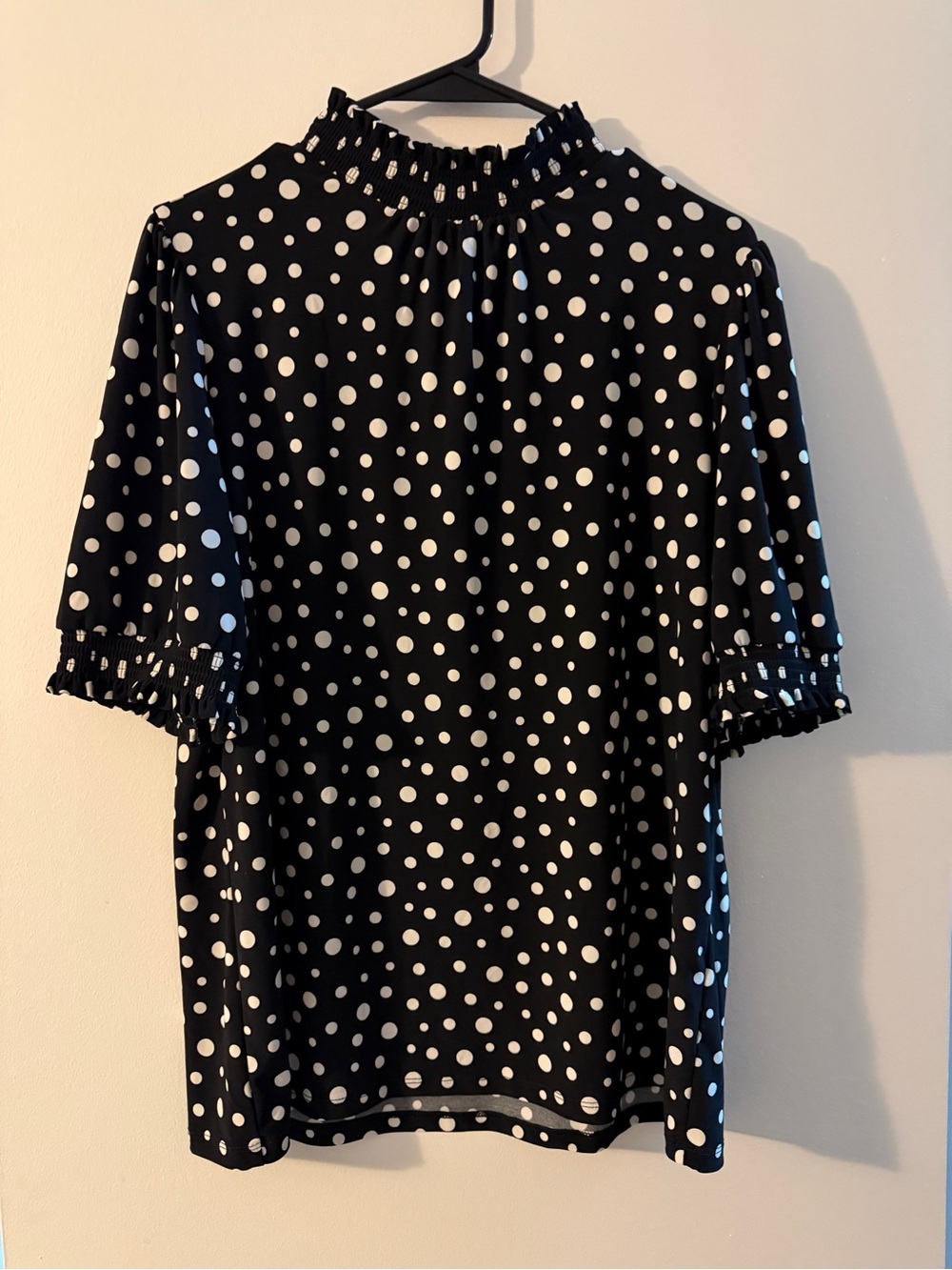 Anne Klein Black & White Polka Dot Ruffle-Neck Blouse - Picture 1 of 2